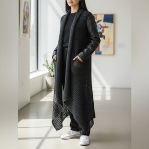 Wool & Cashmere Handknit Open Cardigan with Metallic Leather Sleeves Size Small